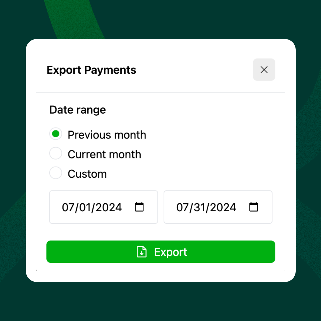 Screenshot of export dialog box for payments report and deposit report